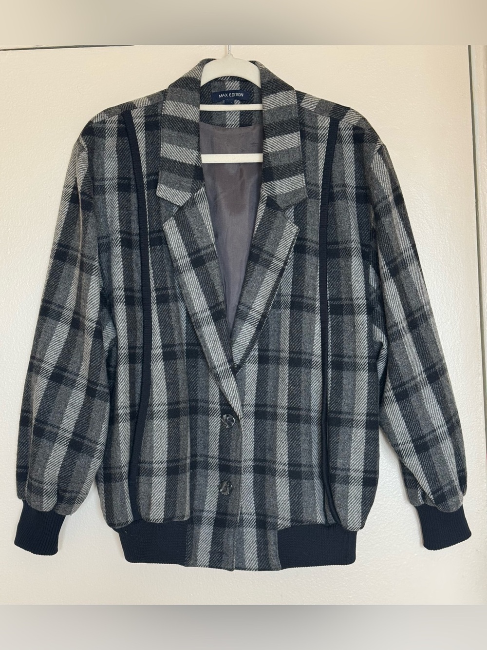 Max Edition Cozy Gray Plaid Bomber Blazer Jacket Size L